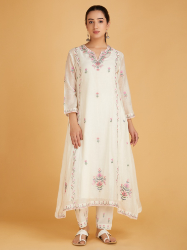 Off-White Pink Aari Embroidered Chanderi Silk Kurta with Slip and Pants- Set of 2