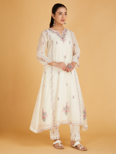 Off-White Pink Aari Embroidered Chanderi Silk Kurta with Slip and Pants- Set of 2
