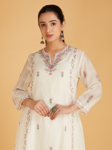 Off-White Pink Aari Embroidered Chanderi Silk Kurta with Slip and Pants- Set of 2
