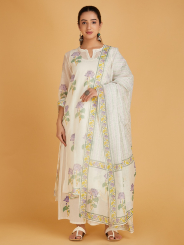 Off-White Purple Hand Block Printed Chanderi Silk Dupatta