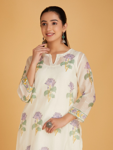 Off-White Purple Hand Block Printed Round Neck Chanderi Silk Kurta with Palazzo - Set of 2