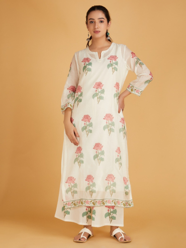 Off-White Red Hand Block Printed Round Neck Chanderi Silk Kurta with Palazzo - Set of 2