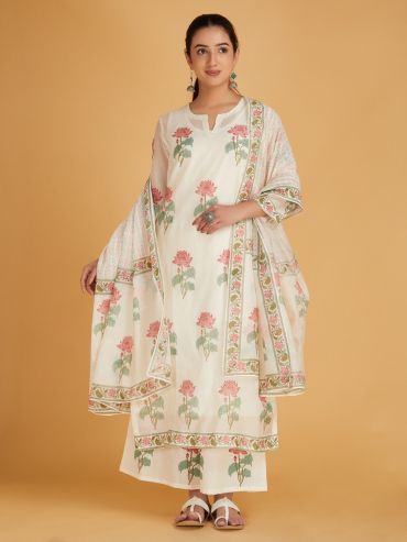 Off-White Red Hand Block Printed Chanderi Silk Dupatta