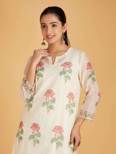 Off-White Red Hand Block Printed Round Neck Chanderi Silk Kurta with Palazzo - Set of 2