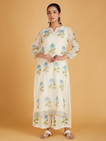 Off-White Blue Hand Block Printed Round Neck Chanderi Silk Kurta with Palazzo - Set of 2