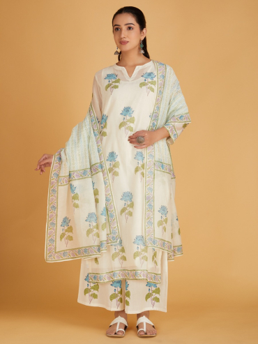 Off-White Green Hand Block Printed Chanderi Silk Dupatta
