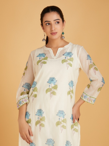 Off-White Blue Hand Block Printed Round Neck Chanderi Silk Kurta with Palazzo - Set of 2