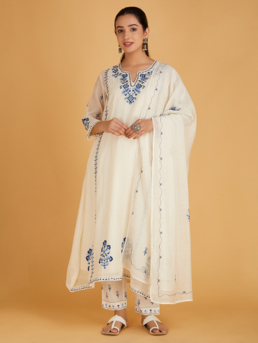 Off-White Blue Aari Embroidered Chanderi Silk Dupatta