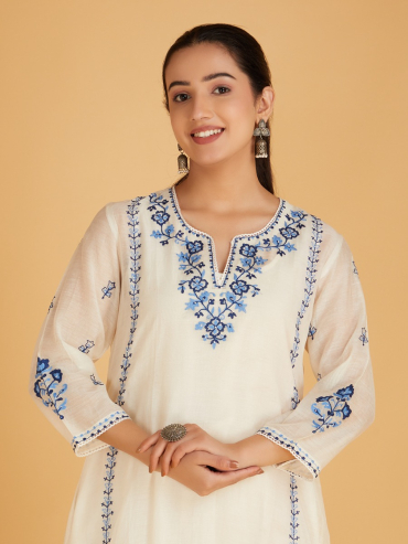 Off-White Blue Aari Embroidered Chanderi Silk Kurta with Slip and Pants- Set of 2
