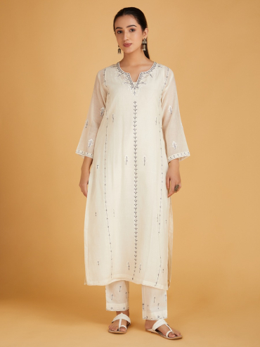 Off-White Grey Aari Embroidered Chanderi Silk Kurta with Slip and Pants- Set of 2