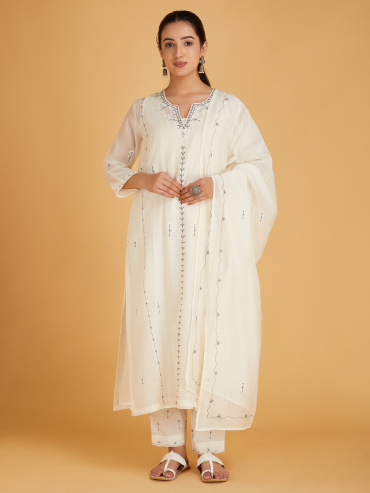 Off-White Grey Aari Embroidered Chanderi Silk Dupatta