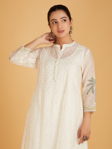 Off-White Purple Hand Block Printed Collar & Placket Chanderi Silk Kurta with Pants - Set of 2