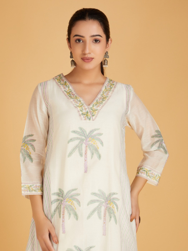 Off-White Purple Hand Block Printed V- Neck Chanderi Silk Kurta with Pants - Set of 2