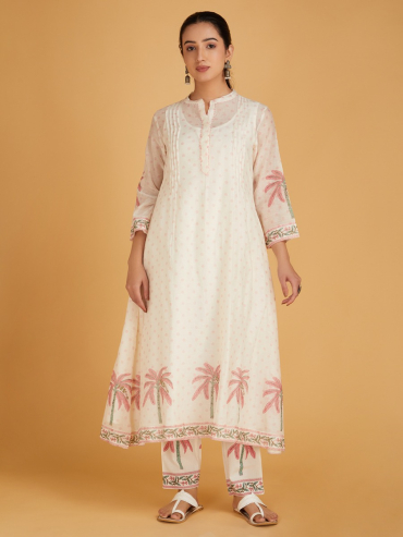 Off-White Red Hand Block Printed Collar & Placket Chanderi Silk Kurta with Pants - Set of 2