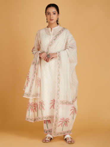 Off-White Red Hand Block Printed Chanderi Silk Dupatta