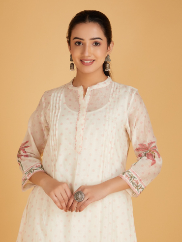 Off-White Red Hand Block Printed Collar & Placket Chanderi Silk Kurta with Pants - Set of 2