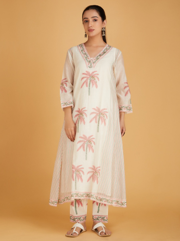 Off-White Red Hand Block Printed V- Neck Chanderi Silk Kurta with Pants - Set of 2