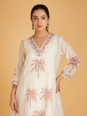 Off-White Red Hand Block Printed V- Neck Chanderi Silk Kurta with Pants - Set of 2