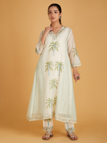 Off-White Green Hand Block Printed V- Neck Chanderi Silk Kurta with Pants - Set of 2