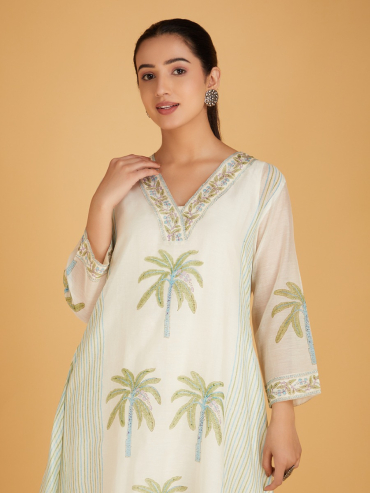 Off-White Green Hand Block Printed V- Neck Chanderi Silk Kurta with Pants - Set of 2