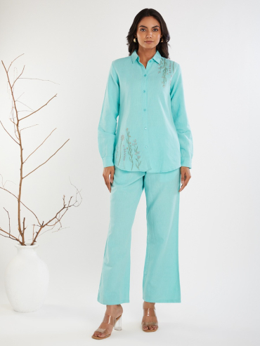Blue Embroidered Cotton Linen Co-Ord Sets - Set of 2