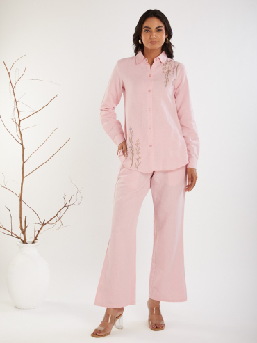Pink Embroidered Cotton Linen Co-Ord Sets - Set of 2