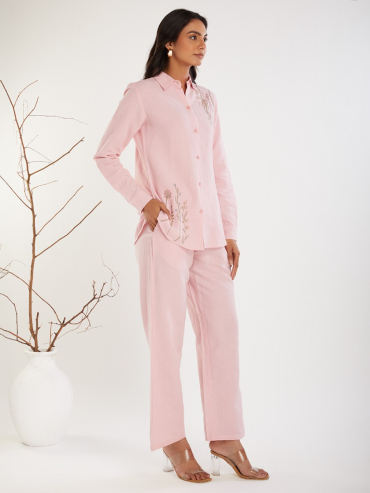 Pink Embroidered Cotton Linen Co-Ord Sets - Set of 2