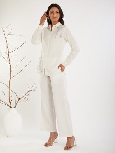 White Embroidered Cotton Linen Co-Ord Sets - Set of 2