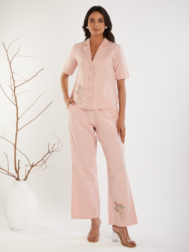 Pink Embroidered Cotton Linen V-Neck Co-Ord Sets - Set of 2