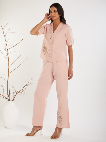 Pink Embroidered Cotton Linen V-Neck Co-Ord Sets - Set of 2