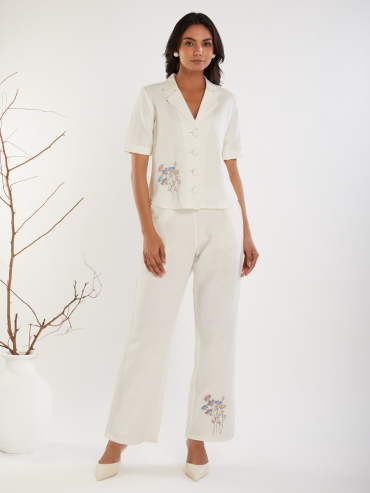 White Embroidered Cotton Linen V-Neck Co-Ord Sets - Set of 2