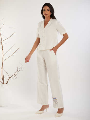 White Embroidered Cotton Linen V-Neck Co-Ord Sets - Set of 2