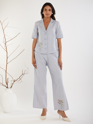 Purple Embroidered Cotton Linen V-Neck Co-Ord Sets - Set of 2