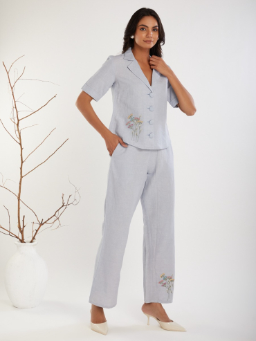 Purple Embroidered Cotton Linen V-Neck Co-Ord Sets - Set of 2