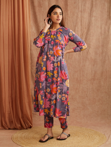 Black Multi Cotton Printed Co-Ord Set- Set of 2
