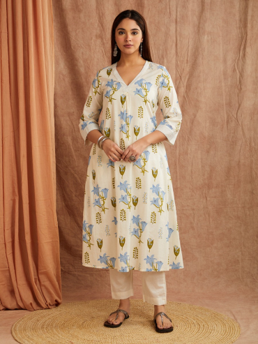 Ivory Blue Printed Printed Co-Ord Set- Set of 2