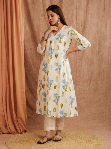 Ivory Blue Printed Printed Co-Ord Set- Set of 2