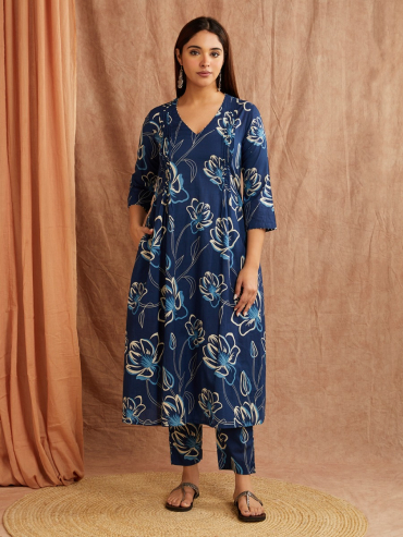 Blue Multi Cotton Printed Co-Ord Set- Set of 2