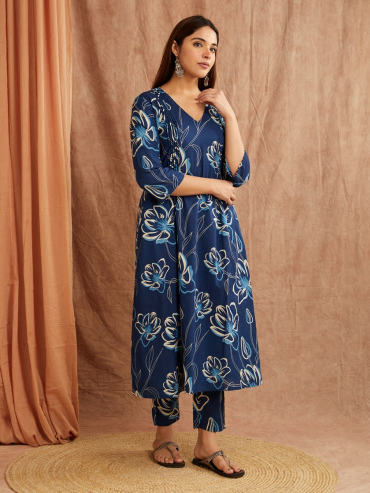 Blue Multi Cotton Printed Co-Ord Set- Set of 2