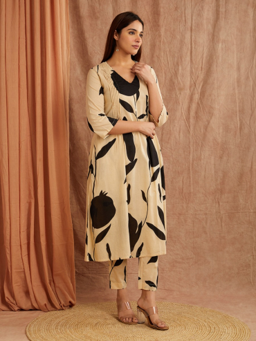 Beige Black Cotton Printed Co-Ord Set- Set of 2