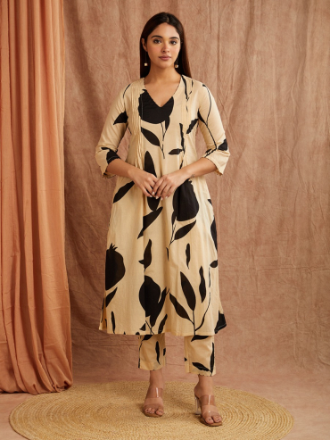 Beige Black Cotton Printed Co-Ord Set- Set of 2