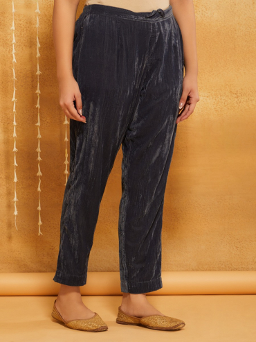 Grey Hand Embroidery Crushed Velvet V-Neck Kurta with Pant- Set of 2