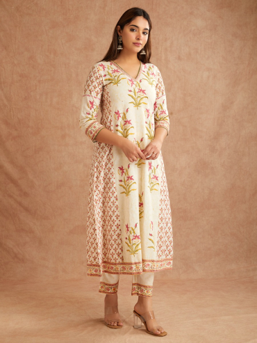 Off-White Pink Hand Block Printed Cotton V-Neck Kurta with Pants - Set of 2