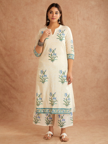 Off-White Blue Hand Block Printed Cotton Round Neck Kurta with Pants - Set of 2