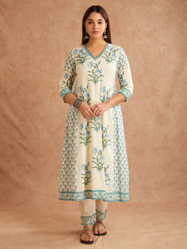 Off-White Blue Hand Block Printed Cotton V-Neck Kurta with Pants - Set of 2