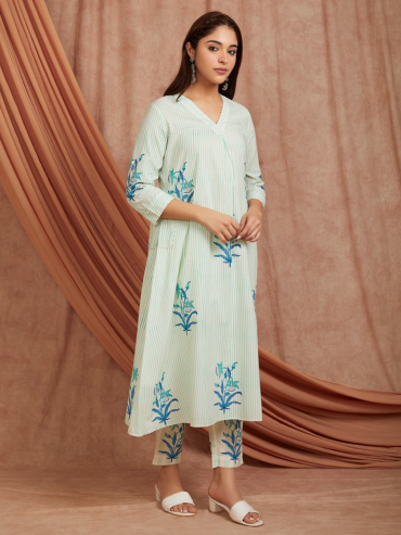 Off-White Blue Hand Block Printed Cotton V-Neck Kurta with Pants - Set of 2