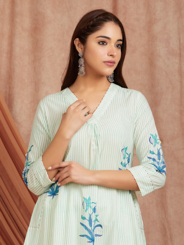 Off-White Blue Hand Block Printed Cotton V-Neck Kurta with Pants - Set of 2