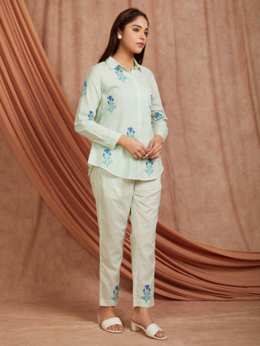 Off-White Blue Hand Block Printed Cotton Shirt with Pants - Set of 2