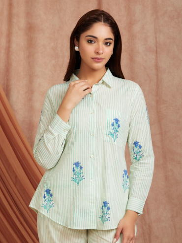 Off-White Blue Hand Block Printed Cotton Shirt with Pants - Set of 2