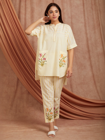 Off-White Yellow Hand Block Printed Cotton Kaftan with Pants - Set of 2
